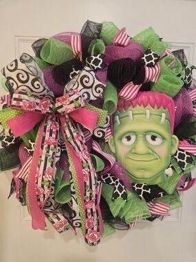 Frankenstein Halloween Wreath with Pink & Green Accents